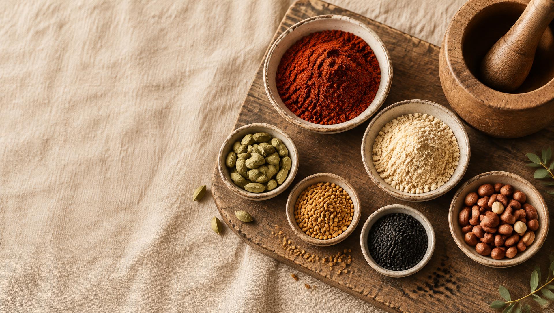 Ceramic bowls of berbere, shiro, cardamom, fenugreek, nigella and groundnuts beside a wooden mortar and pestle