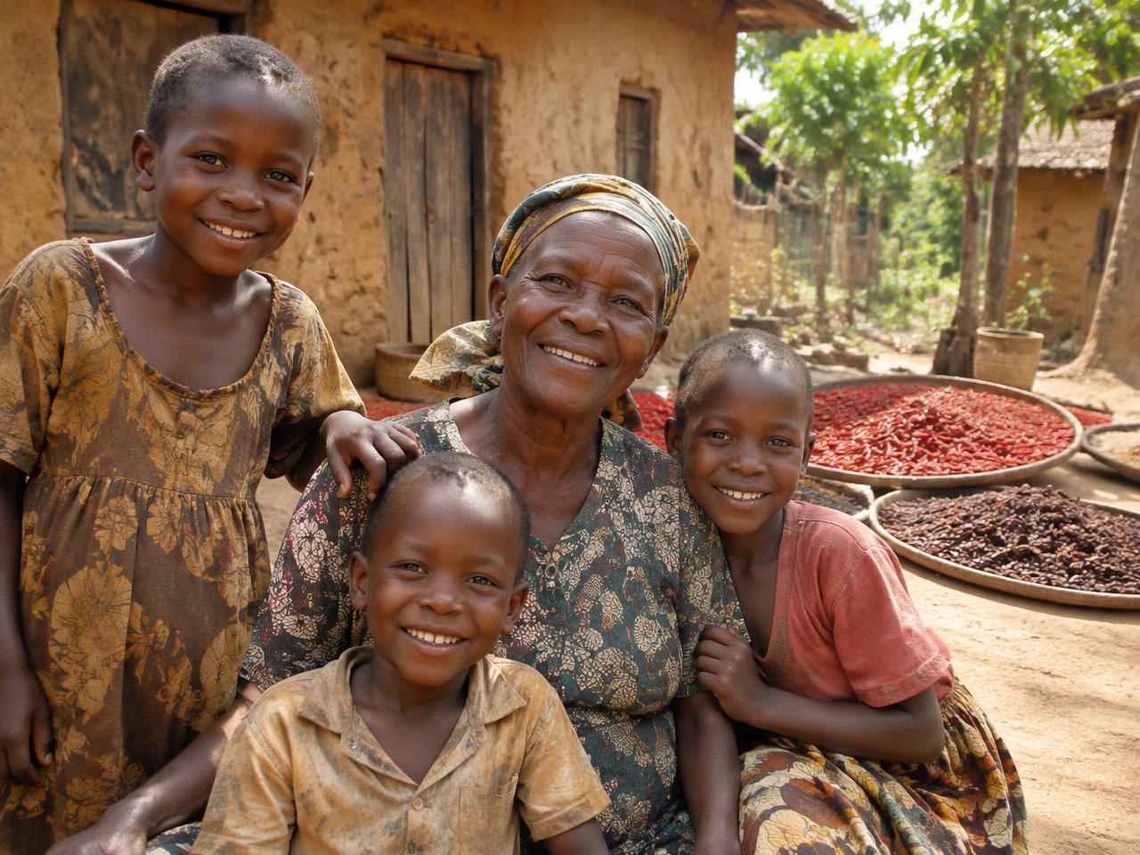 Grandmother and children smiling in a village courtyard
