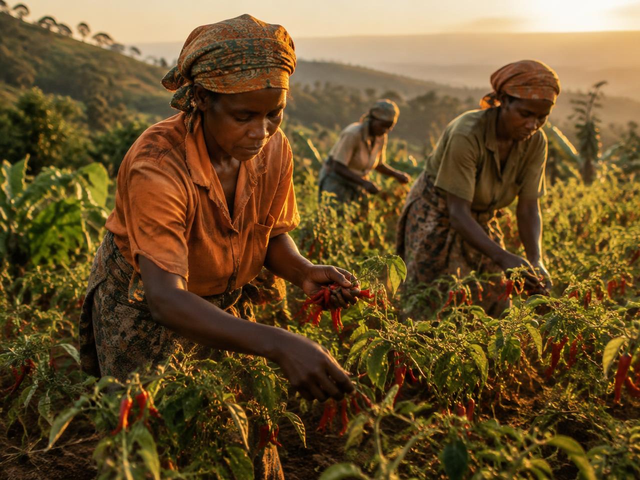 Women harvesting red chillies on an East African hillside