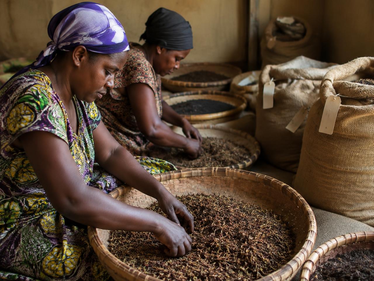 Hands sorting dried spices beside tagged sacks